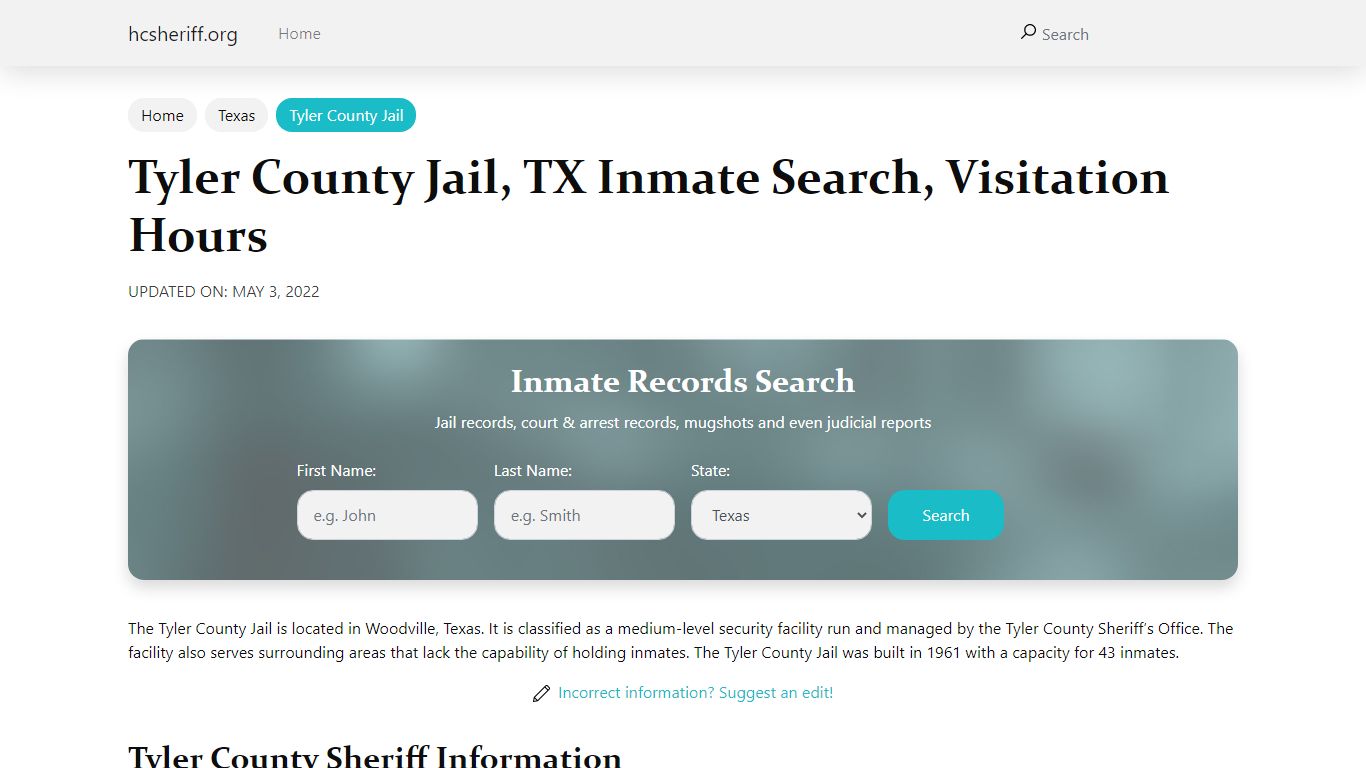 Tyler County Jail, TX Inmate Search, Visitation Hours